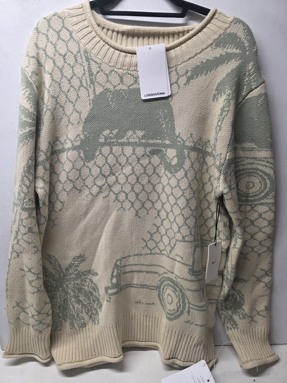 Honor The Gift Graphic Knit Sweater Cream Green Size Medium NWT Palm Tree Car